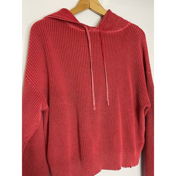 RtA Womens Medium Ruby Red Marvin Distressed Crop Chunky Knit Hoodie Sweater - Picture 3 of 9